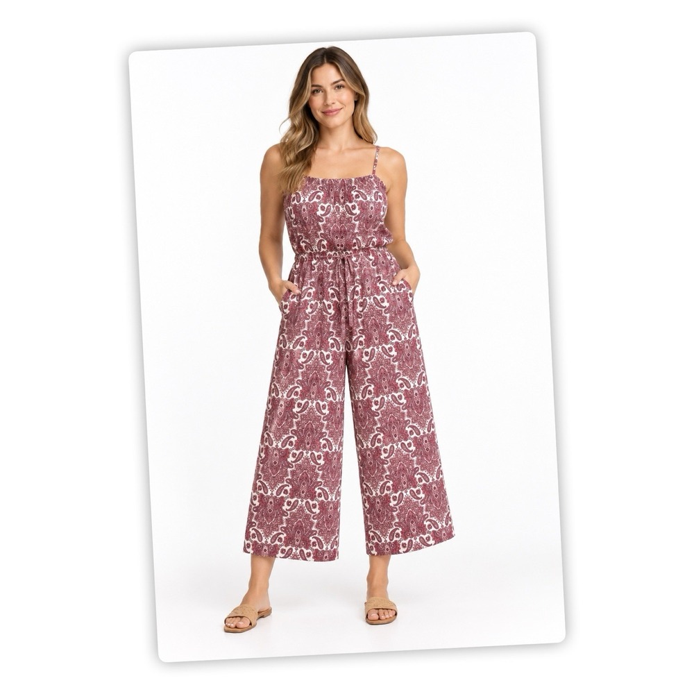 Maurices Womens M Paisley Wide Leg Cropped Jumpsuit Burgundy Boho